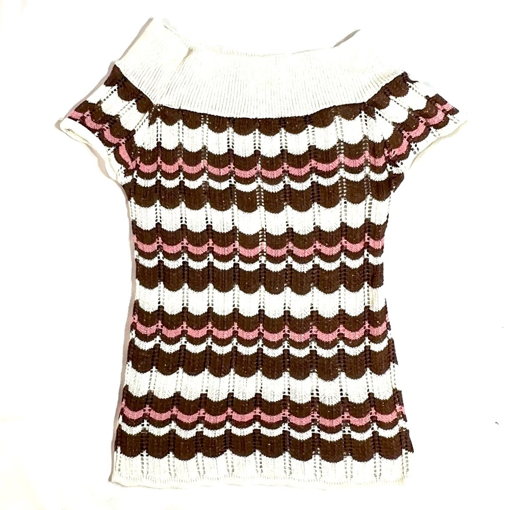 Stretchy Stylish Brown and Pink Cream Off Shoulder Women's Sweater